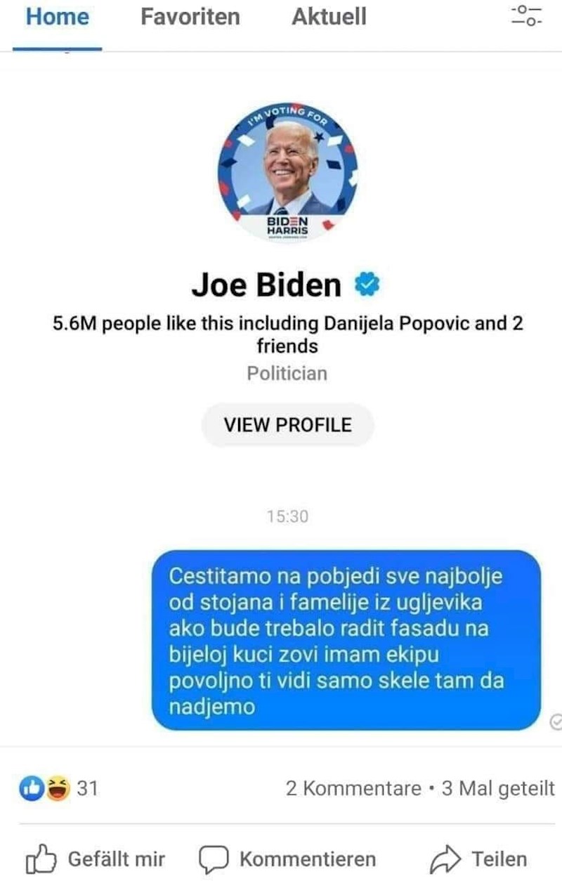 Balkanac na Facebooku čestitao Bidenu na pobjedi