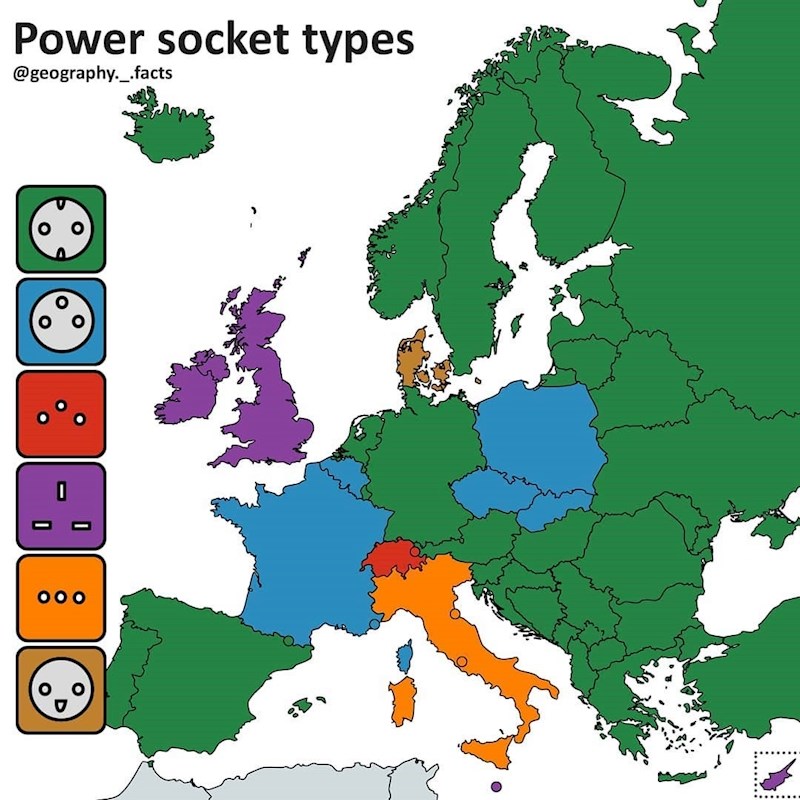 Vrste utičnica u Europi prikazane na karti