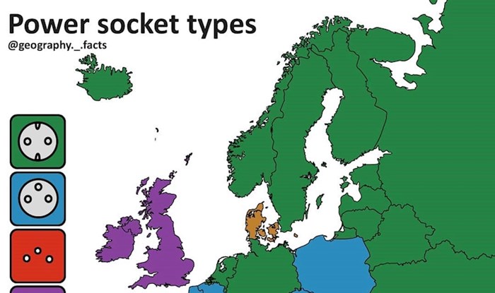 Vrste utičnica u Europi prikazane na karti