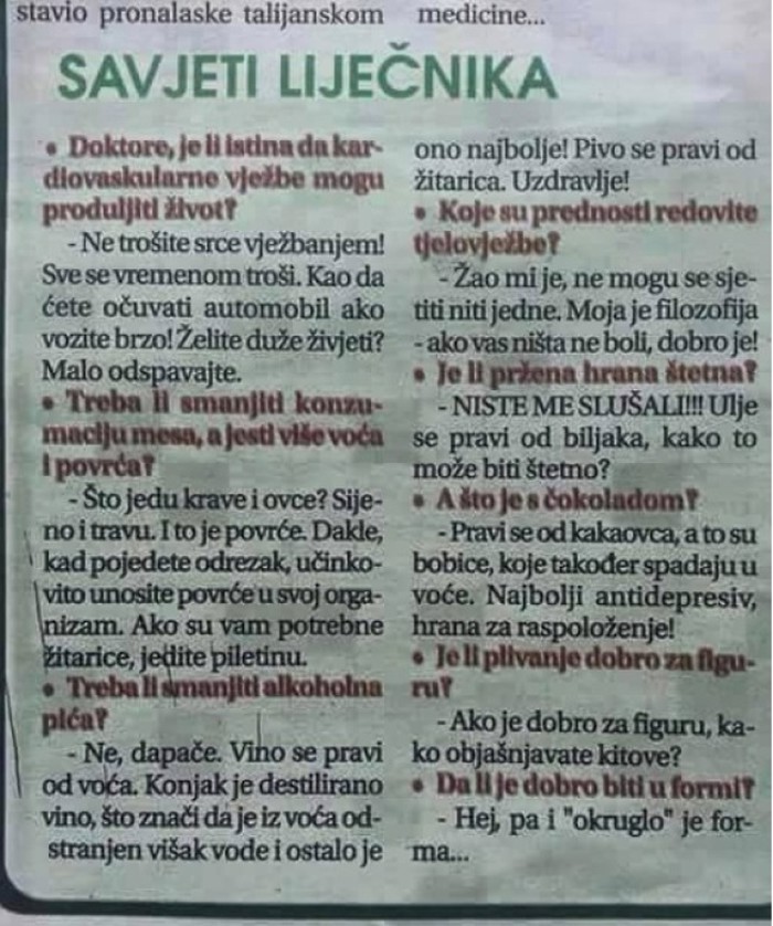 Evo prilike da provjerite, da li ste cijeli život dobijali krive savjete od liječnika :) 