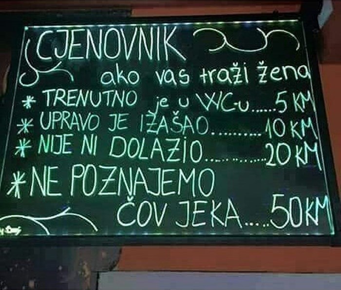 Kafić iz BiH napravio je cjenik za sve muškarce koji bježe od svojih žena
