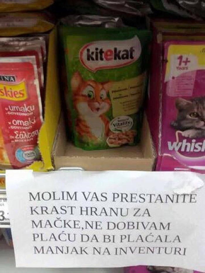 Netko je cijelo vrijeme krao hranu za mačke pa je blagajnica napisala iskrenu poruku lopovu
