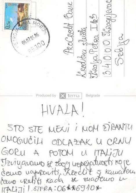 Osoba banci poslala razglednicu iz druge države te objasnila kad će im vratiti novac