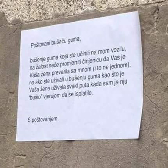Netko je ostavio urnebesnu poruku liku koji mu je probušio gume, osvetio mu se na genijalan način