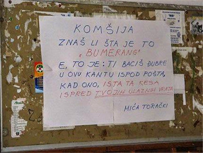 Neodgovornom susjedu je ostavio zanimljivo upozorenje u kojem mu je objasnio što je "bumerang"