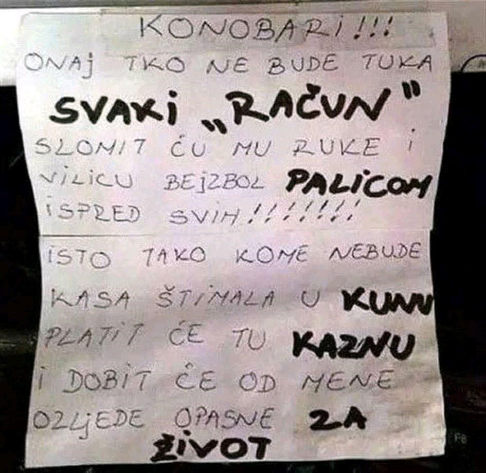 Šef iz noćnih mora ostavio je svojim konobarima obavijest, evo što ih čeka ako naprave pogrešku