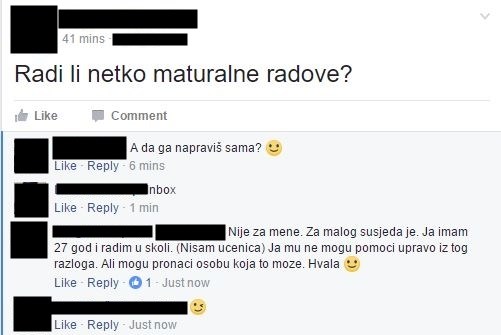 Na društvenoj mreži uhvaćena profesorica koja je tražila nekoga tko bi napisao maturalni rad za susjeda