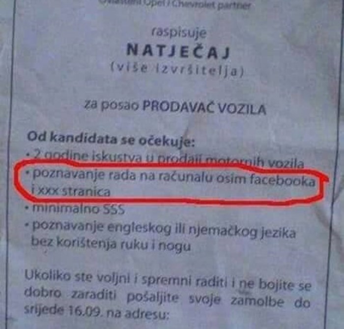 Tvrtka iz Slavonije tražila je prodavača vozila, imali su jedan važan uvjet u vezi rada na računalu