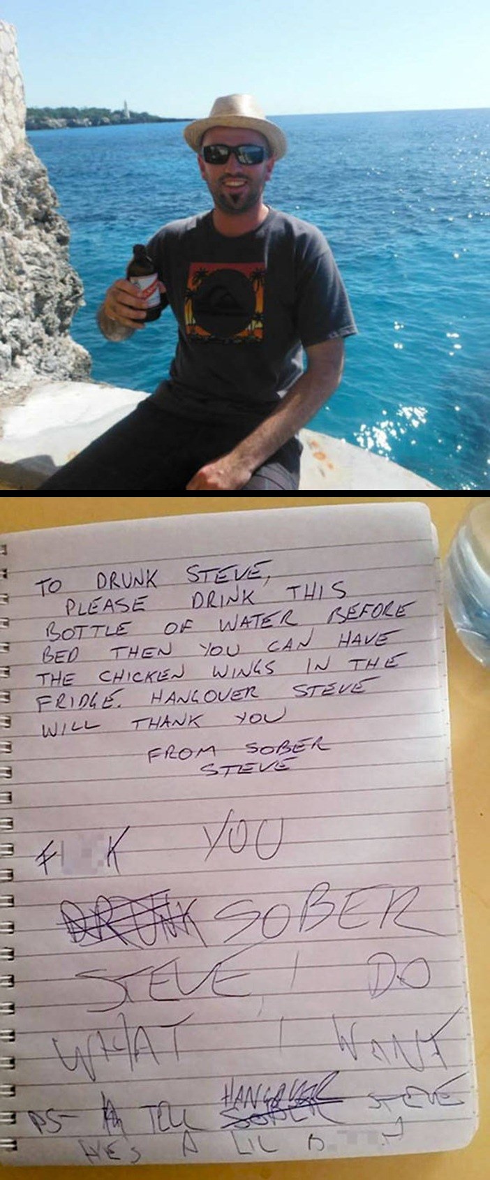 Lik je znao da će se napiti pa je sebi ostavio poruku kraj kreveta, kad se probudio našao je smiješan odgovor