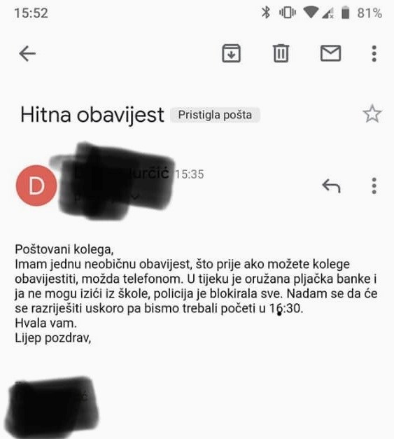 Od radnog kolege je dobio neobičan email i zamolbu: "U tijeku je oružana pljačka banke..."