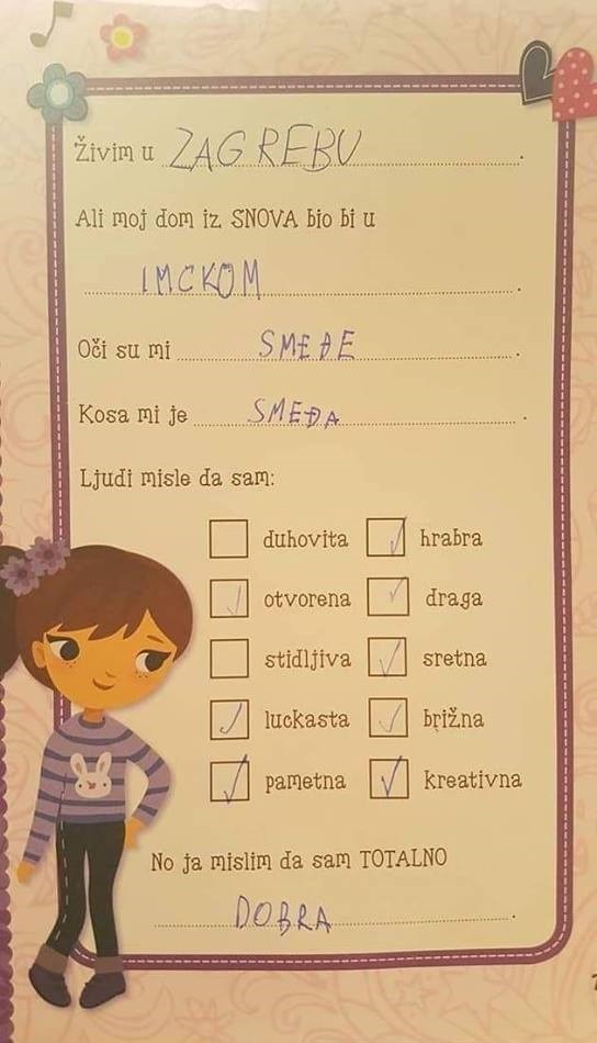 PONOS RODITELJA Klinka živi u Zagrebu, no mama i tata su je naučili gdje je njihov pravi dom