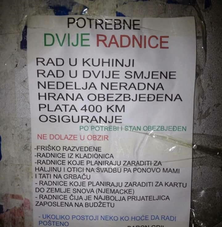 KAKO U BIH TRAŽE RADNICE Poslodavac je postavio iskren vrlo oglas, ovo su njegovi uvjeti