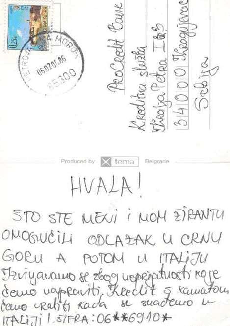 Osoba banci poslala razglednicu iz druge države te objasnila kad će im vratiti novac