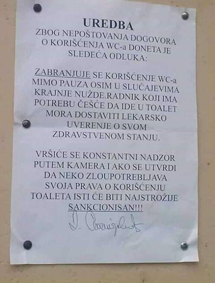 Još je jedan šef izgubio živce: Radnici ne smiju više ni obavljati nuždu