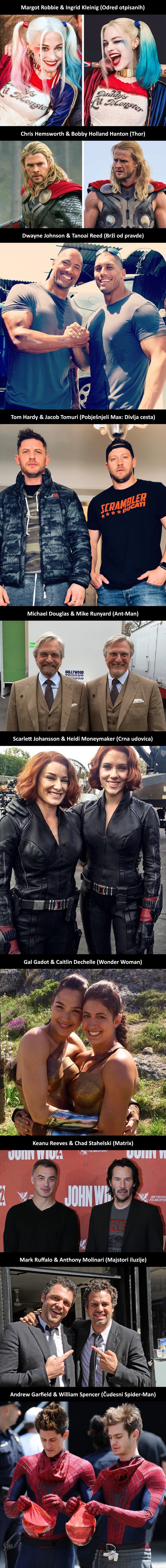 Glumci su se slikali s kaskaderima bez kojih njihovi filmovi ne bi bili isti, primijetit ćete zanimljive sličnosti