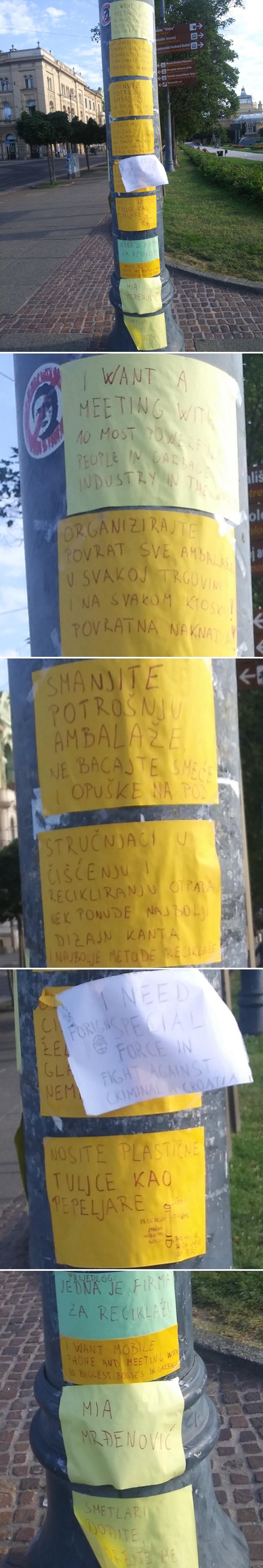 Žena na Tomislavcu oblijepila stup porukama o smeću i kriminalu, evo što zahtijeva