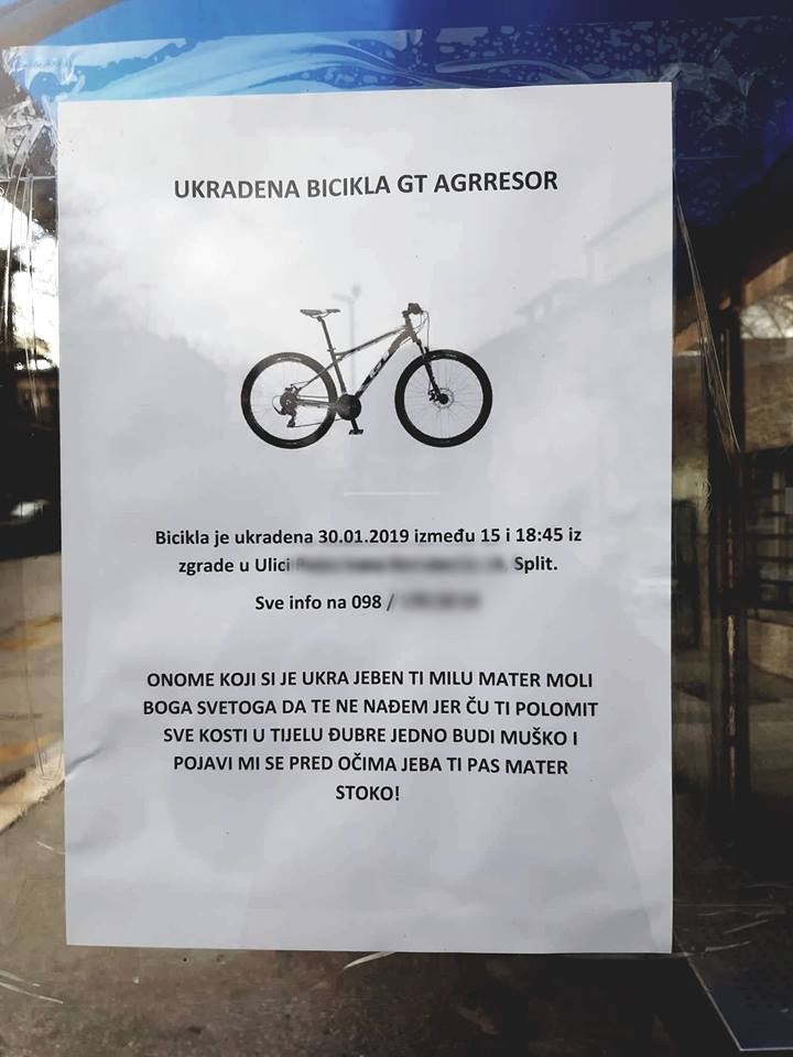 Netko je Splićaninu ukrao bicikl, lopovu je na obavijesti napisao što ga čeka