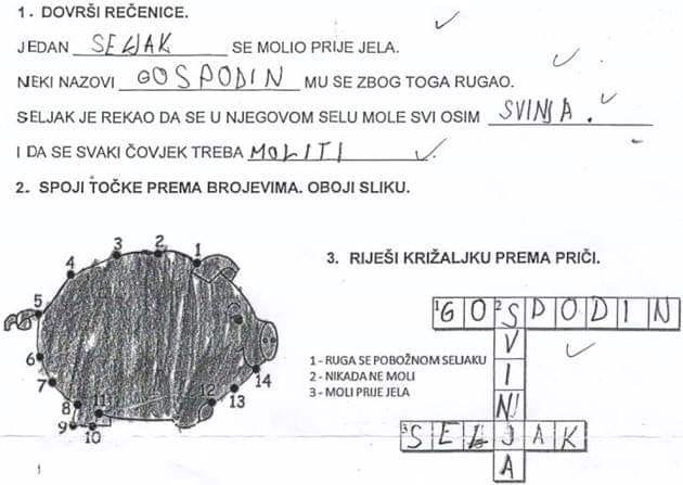 "Svi se mole osim svinja" Roditelji ostali bez teksta kad su vidjeli zadatke koje je dijete rješavalo u školi