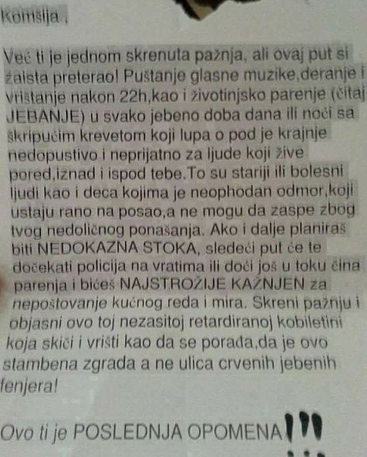 Bračni par preglasno je vodio ljubav pa im je susjed poslao vrlo jasno poruku i posljednje upozorenje