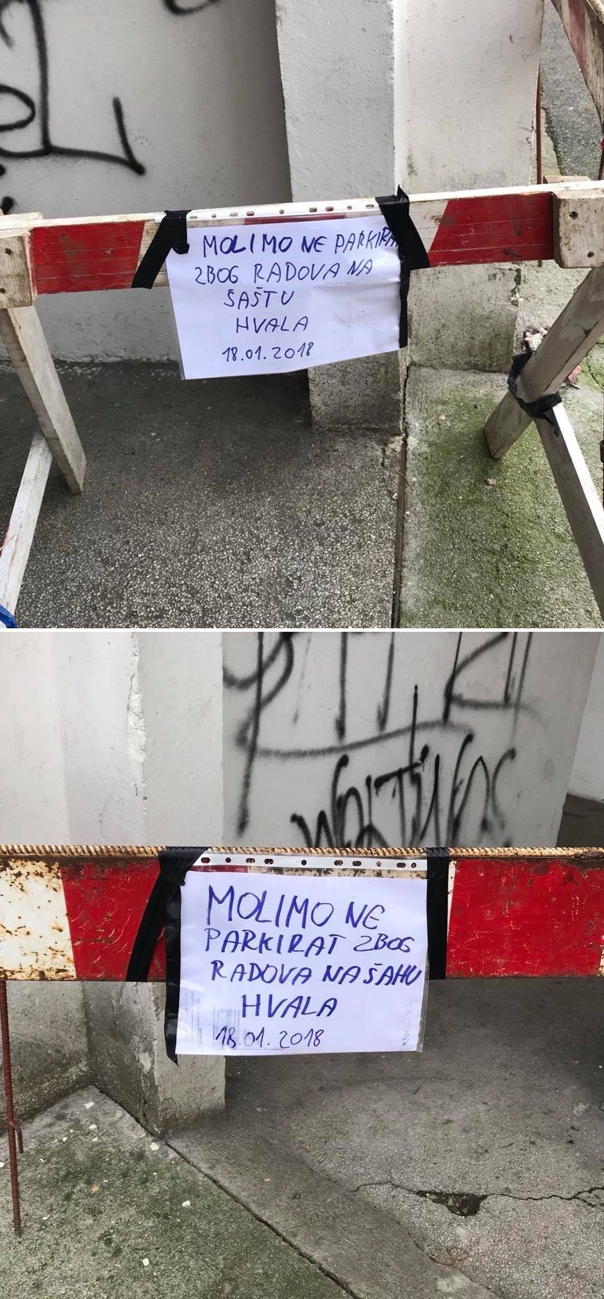 Građevinski radnici su uporno pokušavali napisati obavijest vozačima, no jednu riječ nikako nisu mogli pogoditi