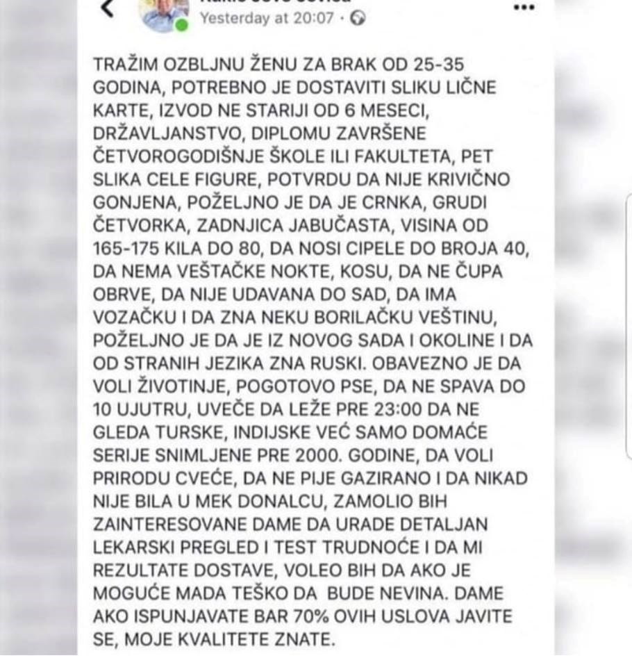 Čovjek ima svoje uvjete: Stariji gospodin napisao oglas na društvenoj mreži i otkrio kakvu ženu traži