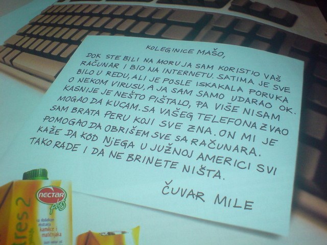 PROBLEMI NA POSLU Čuvar je radnici pokvario računalo, napisao joj je poruku i priznao što se dogodilo