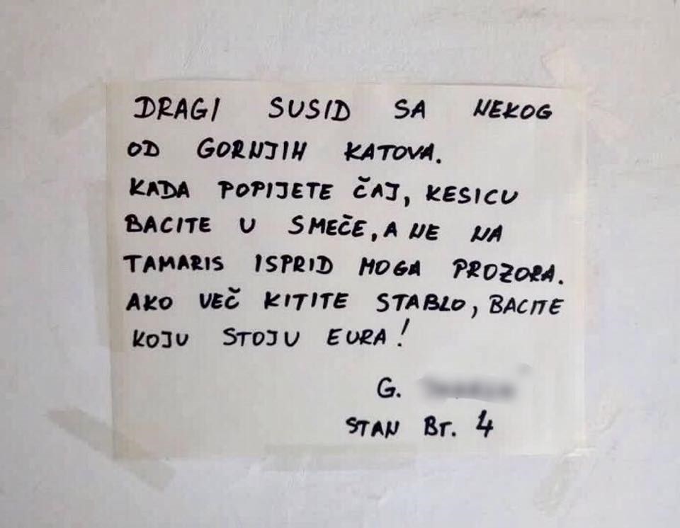 Netko od susjeda bacao je smeće kroz prozor pa im je ovaj stanar napisao zanimljivu zamolbu