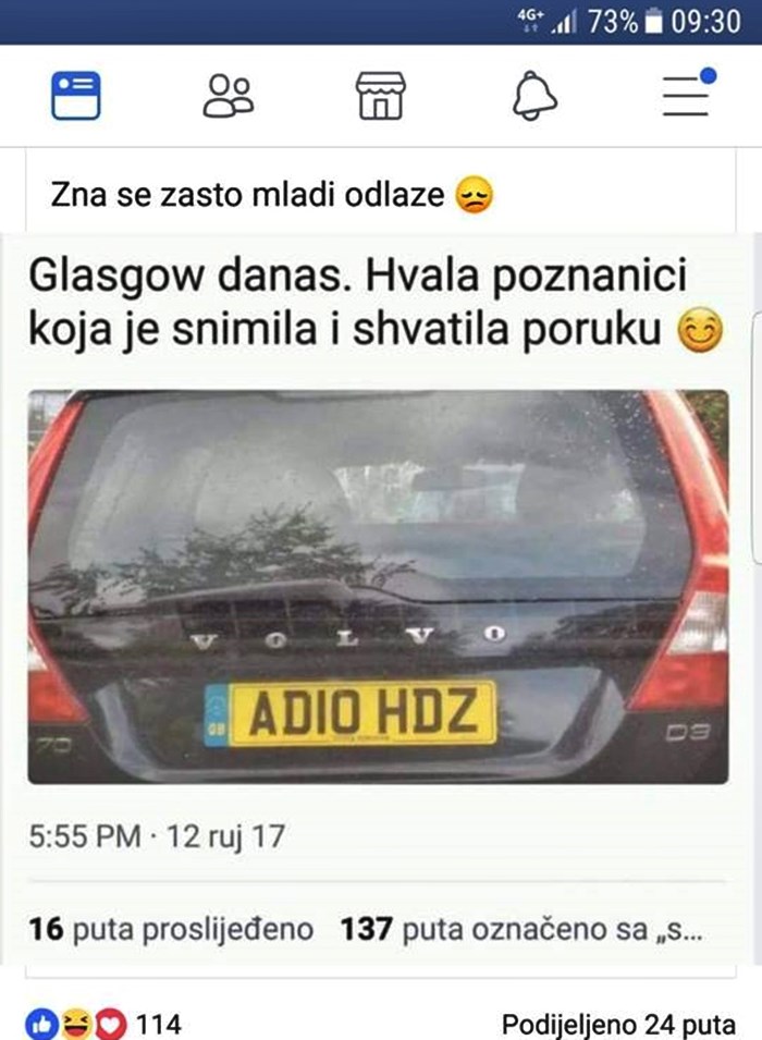 Odselili su se u inozemstvo pa na novim registarskim tablicama poslali poruku hrvatskim političarima