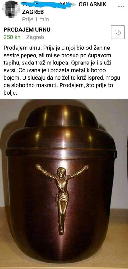 Muškarac postavio bizaran oglas: Prodaje polovnu urnu, napisao je što se dogodilo s njom