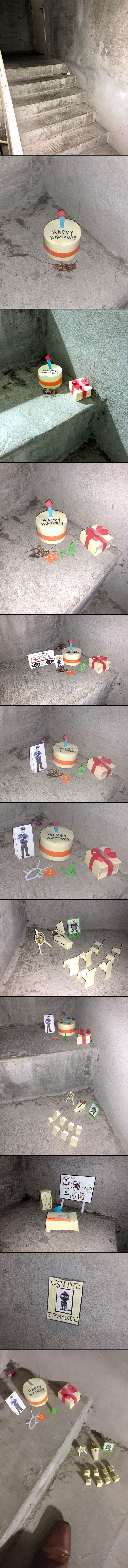 Na stepenicama je vidio mrtvog žohara pa se odlučio zabaviti na bizaran način i stvoriti cijelu priču