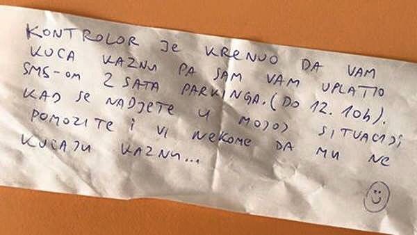 Nepoznata osoba je vidjela da je kontrolor počeo pisati kaznu, vozaču je ostavila ovu poruku