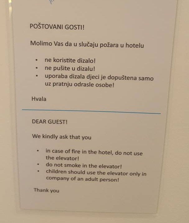 Dalmatinski hotel postavio je upute za postupanje u slučaju koje nemaju previše smisla
