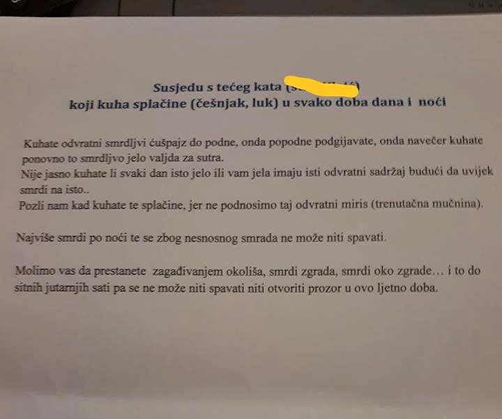 Stanarima se zbog očajnih kulinarskih sposobnosti susjeda zgadio život pa su mu ostavili "zamolbu"