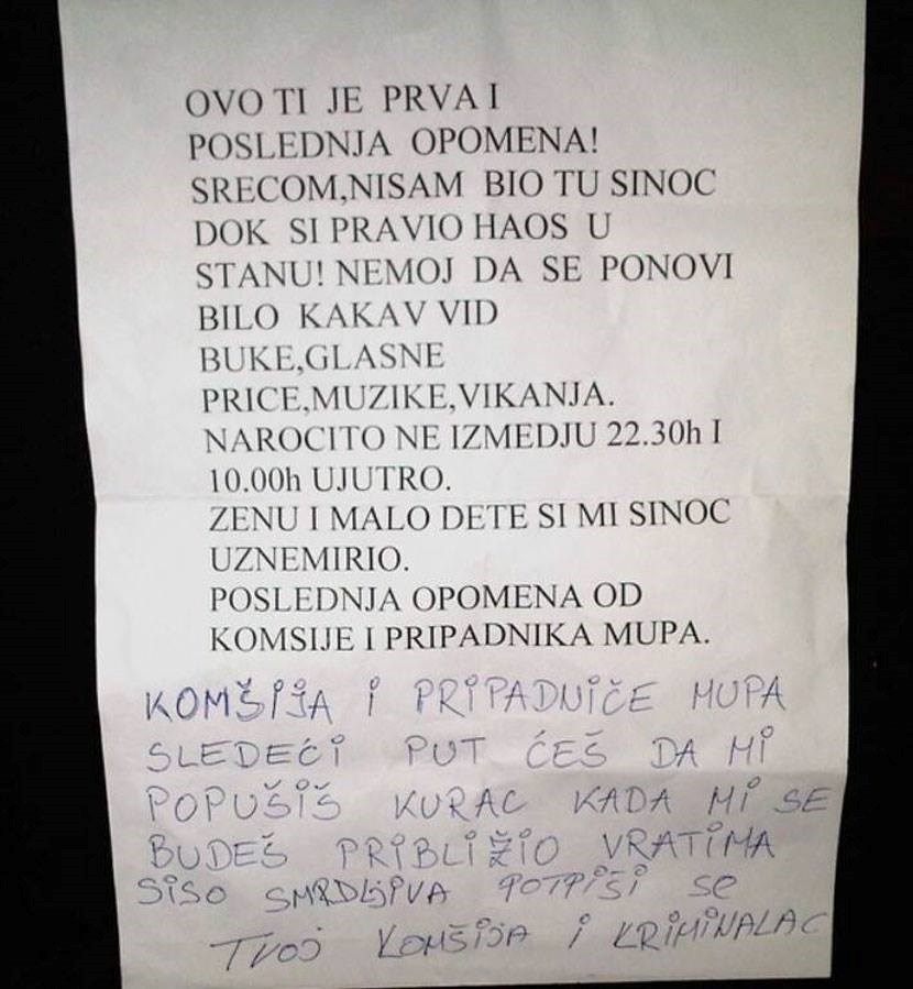 Policajac ostavio opomenu glasnom susjedu, a ovaj mu uzvratio na urnebesan način