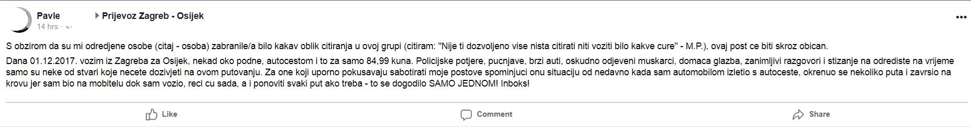 Zabranili su mu da objavljuje postove u grupi na Facebooku, a kada pročitate ovaj, bit će vam jasno zašto