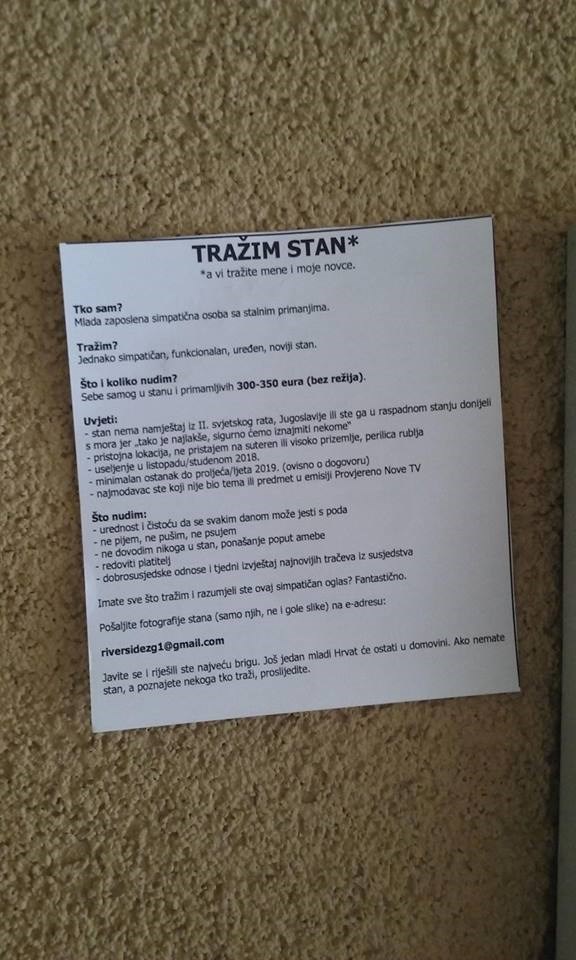 OGLAS GODINE Ova osoba traži stan i ima nekoliko uvjeta, a zauzvrat daje jako puno