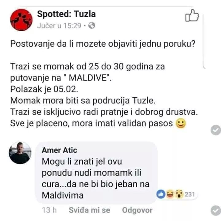 Na Fejsu nudio besplatno putovanje na Maldive pa dobio urnebesni odgovor na post