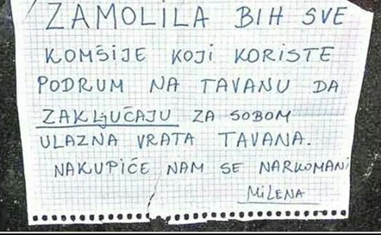 Htjela je zaštiti susjede od narkomana pa im ostavila poprilično konfuznu poruku