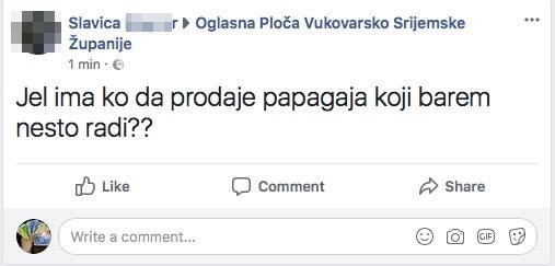 Na oglasnoj ploči na Facebooku traži osobu koja prodaje papigu, no ima jedan poseban uvjet