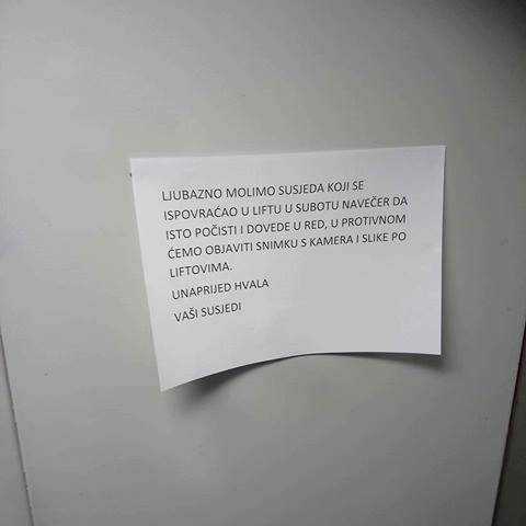 Nakon što je netko pijan povratio u liftu, dočekala ga je ova prijetnja 