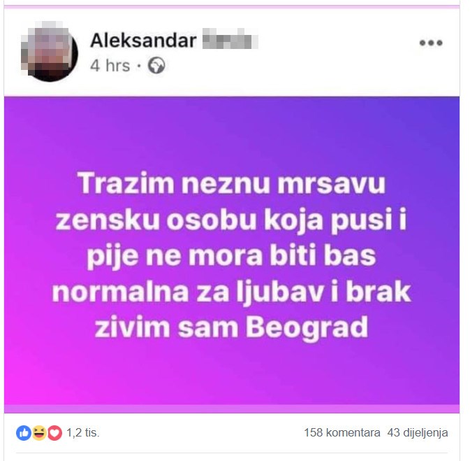 Čovjek iz Beograda traži ženu koja mora ispuniti poprilično čudne uvjete 