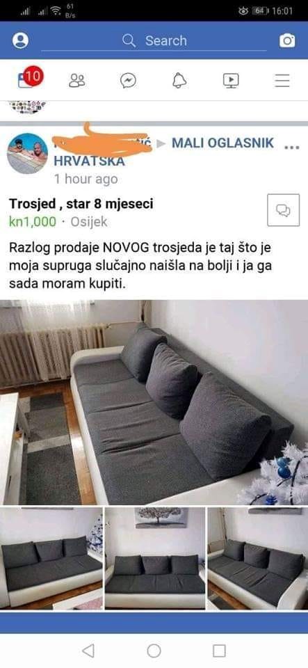 Čovjek prodaje novi trosjed, a razlog je dobro poznat svakom muškarcu