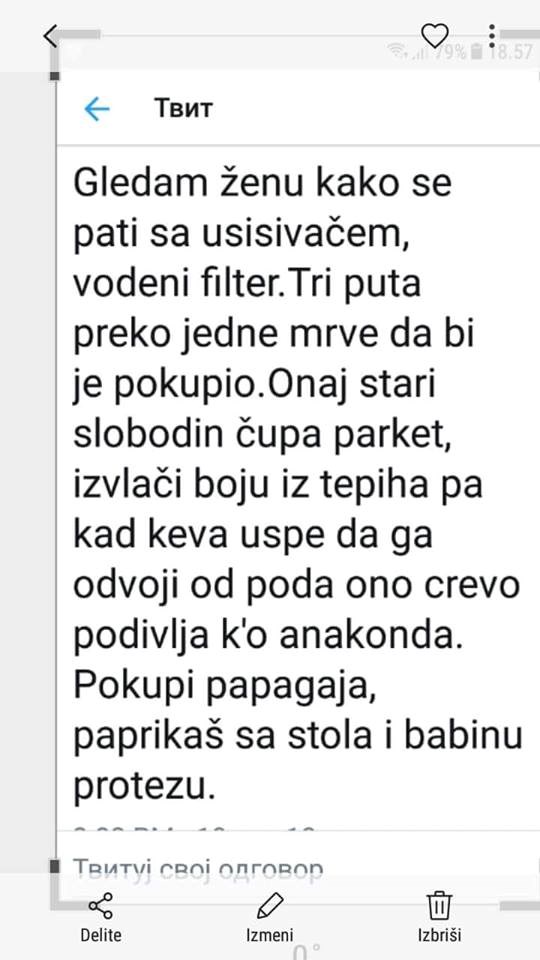 Žena mu se pati s usisivačem na vodeni filter, a on o tome piše Tweet