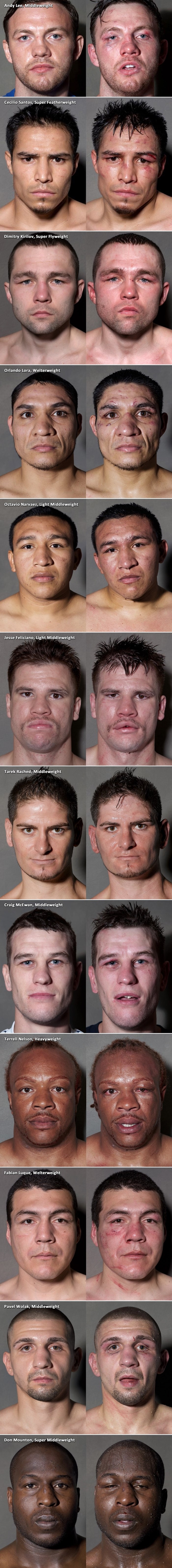 Lica dvanaest boksača prije i nakon borbe 