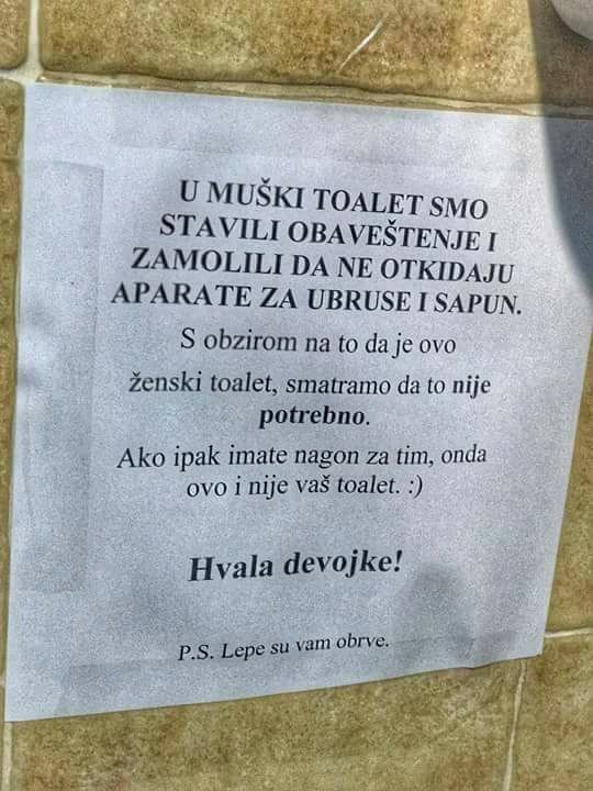 Urnebesna obavijest u ženskom WC-u završava najboljom rečenicom ikad