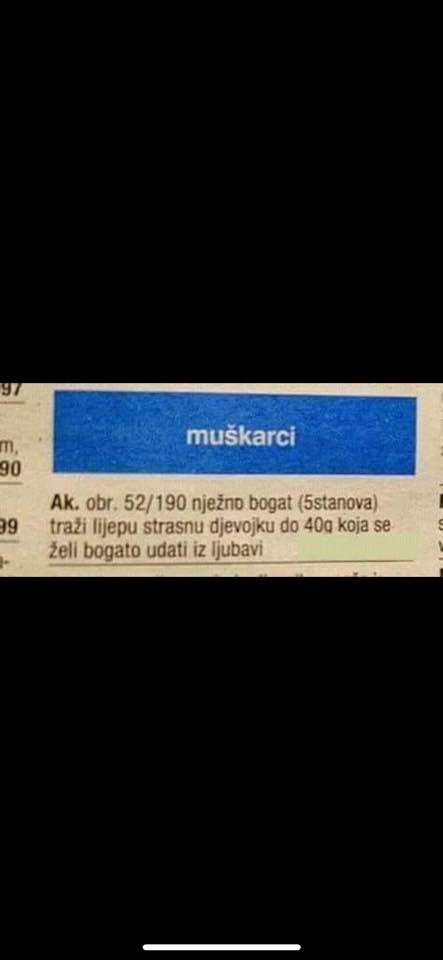 Nježno bogat muškarac traži savršenu ženu preko oglasa