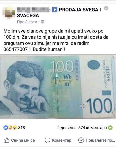 Besramno zamolio članove grupe na Faceu za "malu uslugu" jer mu se ne da raditi