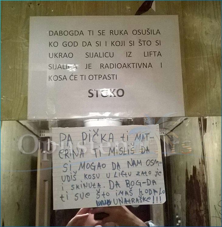 Susjedi se posvađali putem poruka koje su ostavili u liftu, a sve zbog jedne žarulje
