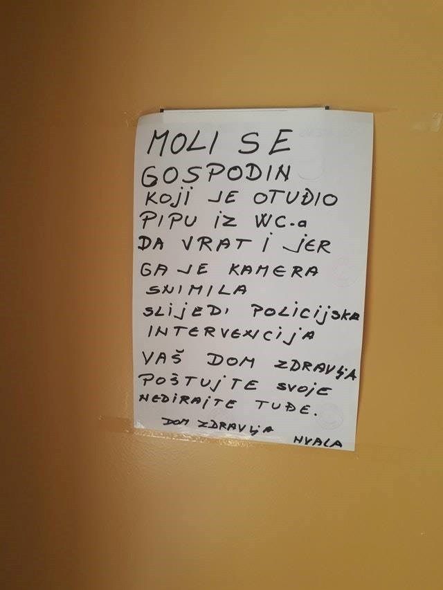 Netko je ukrao slavinu u domu zdravlja pa su ga lijepo zamolili da je vrati