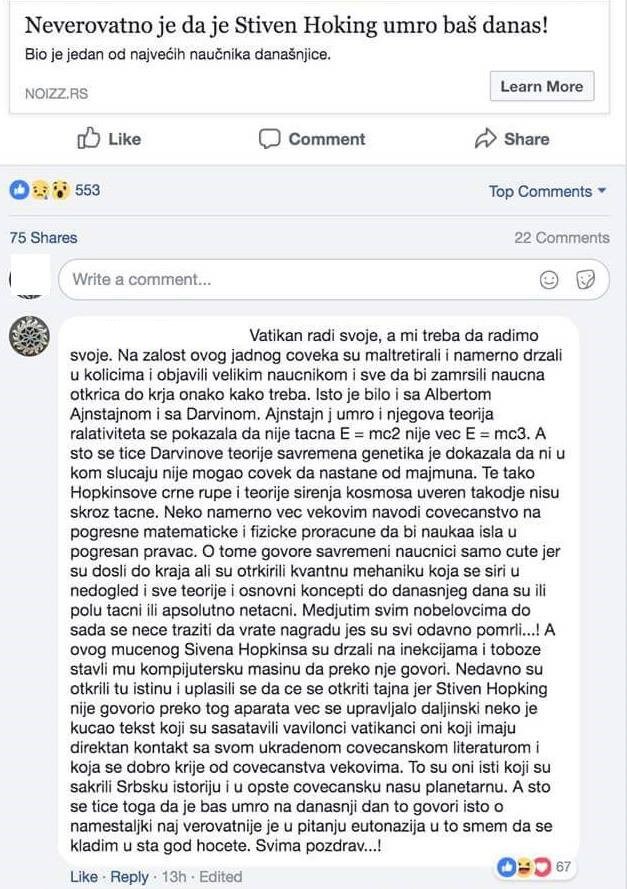 Čudni komentar o smrti Stephena Hawkinga ostavio je mnoge bez teksta